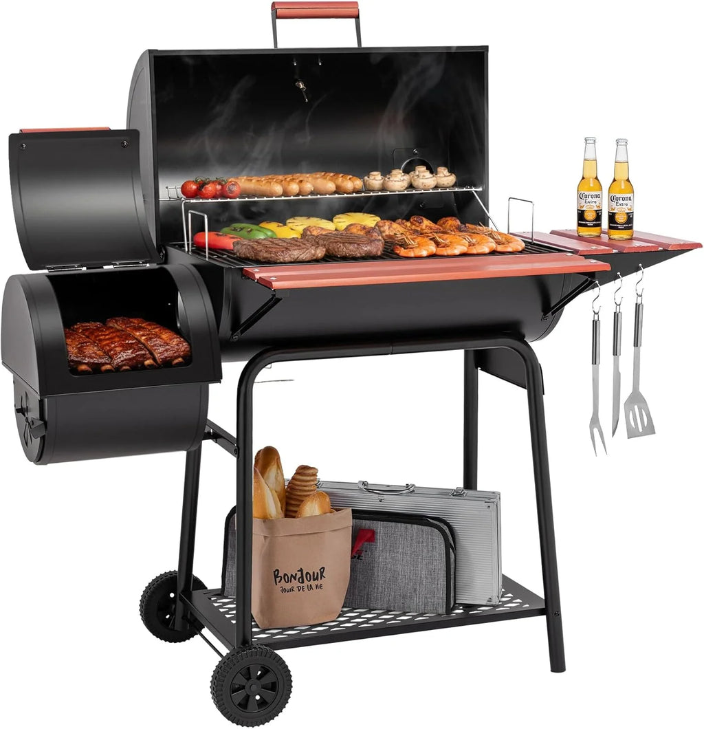 2026 CC1830W 30-Inch Charcoal Grill with Offset Smoker and Wood-Painted Side Table Outdoor Smoker Grill with 811 Sq. In. Cooking Area for Outdoor Barbecue Event Black
