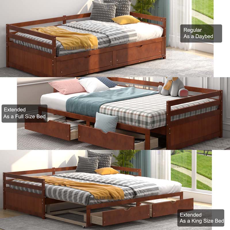 2026 Extendable Twin to King Daybed with Trundle & 2 Storage Drawers, Dual-use Modern Sofa Bed with Roll Out Bed Frame