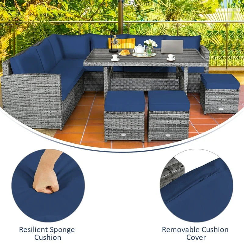 2026 7 PCS Resin Wicker Outdoor Sectional Sofa Set Rattan Patio Seating Group with Dining Table, Ottomans & Cushions