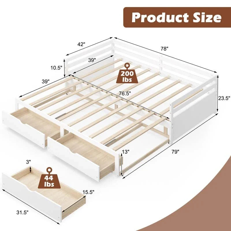 2026 Extendable Twin to King Daybed with Trundle & 2 Storage Drawers, Dual-use Modern Sofa Bed with Roll Out Bed Frame