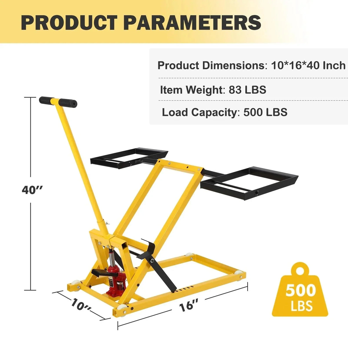 2026 NewLawn mower lift with hydraulic jack, 66 cm (26 inch) lifting height, welded steel construction, lifting capacity 227 kg (500 lbs), for ride-on lawn mowers, tractors and ATVs