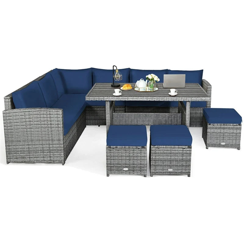 2026 7 PCS Resin Wicker Outdoor Sectional Sofa Set Rattan Patio Seating Group with Dining Table, Ottomans & Cushions
