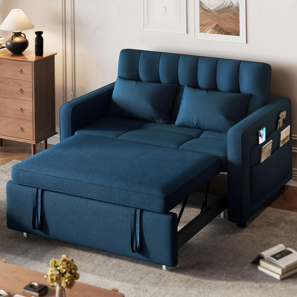 2026 3-in-1 Convertible Sofa Bed, 55" Sleeper Sofa with Pull-Out Bed, Cat-Scratch-Proof Fabric Futon Couch with Adjustable Backrest and Side Pocket, Loveseat for Living Room Apartment, Grey