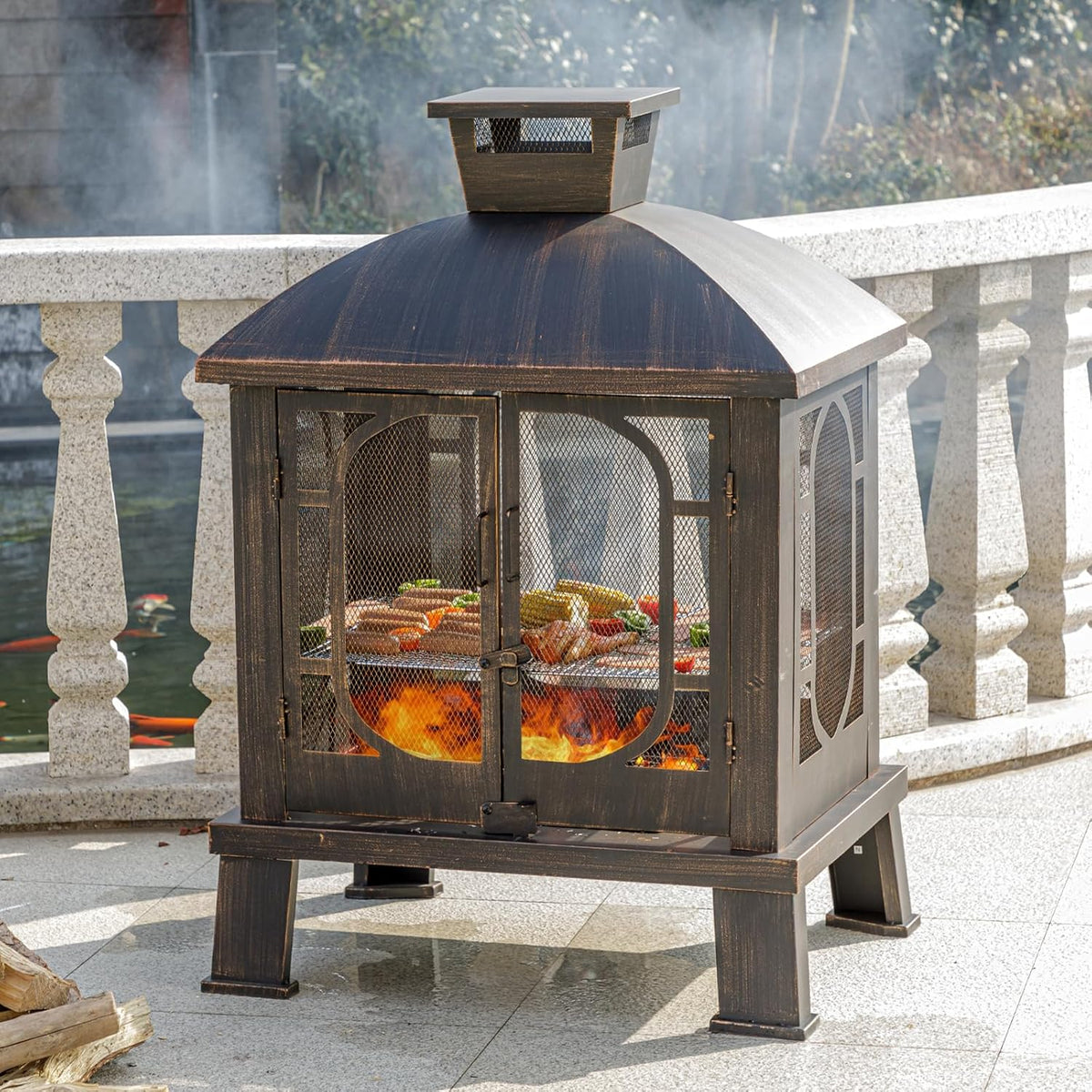 2026 45" H 31''W Metal Chiminea Fire Pit with Grill, Wood Burning Fire Pits for Outside,Square Chimineas Fireplace with Mesh Spark Screen Door& Fire Poker for Garden,Yard,BBQ,Bonfire (Black&Gold)