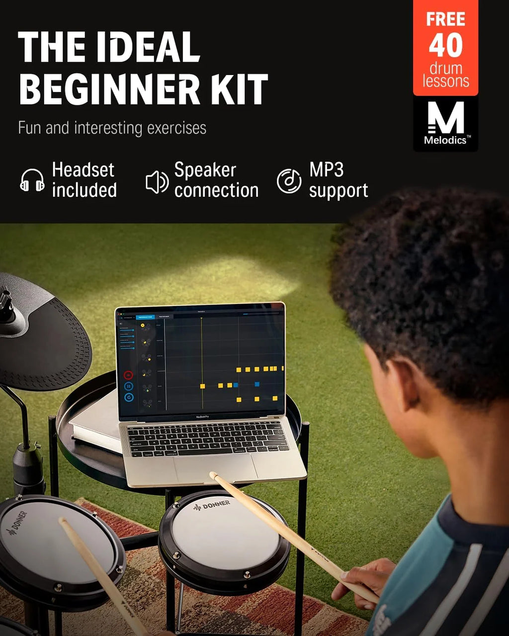 2026 DED-80 Electronic Drum Set, Electric Drum Set for Beginner with 4 Quiet Mesh Drum Pads, 2 Switch Pedal, 180+ Sounds, Throne, On-Ear Headphones, Sticks, and Lessons Included.