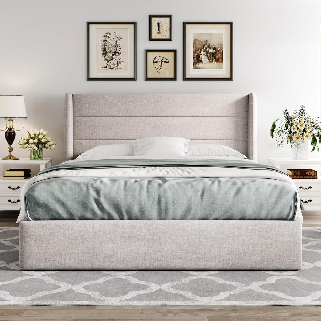 2026 Queen Size Lift Up Storage Bed, Modern Wingback Headboard, Hydraulic Support, No Box Spring Needed, Light Beige