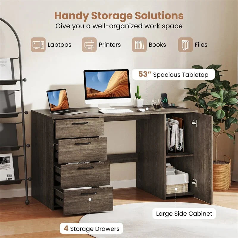 2026 53" Computer Desk with 4 Storage Drawers & Cabinet, Home Office Desk w/ Charging Station, Adjustable Shelf & Cable Management for Study, Makeup