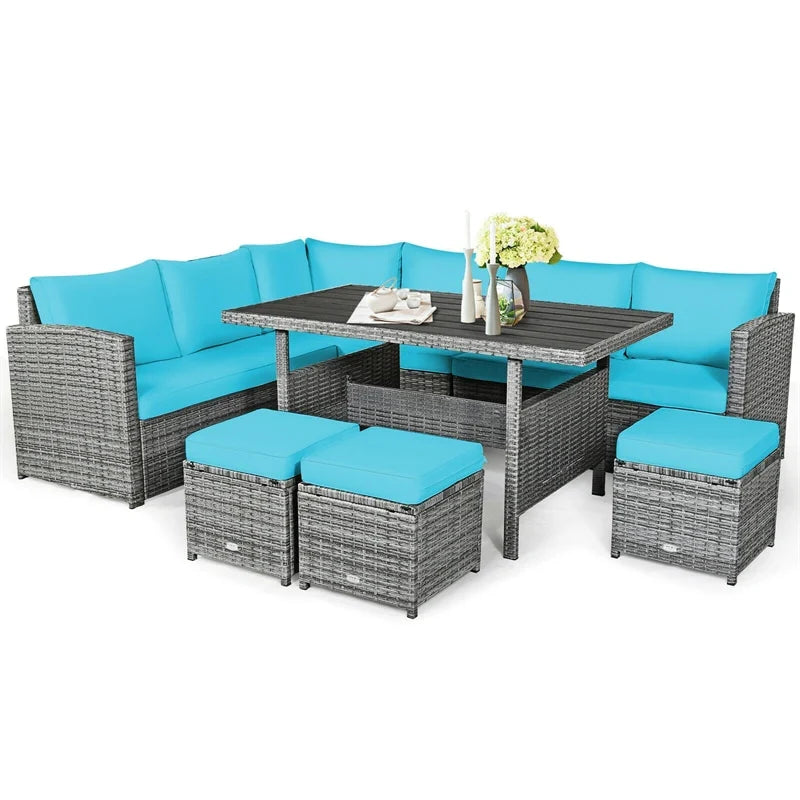2026 7 PCS Resin Wicker Outdoor Sectional Sofa Set Rattan Patio Seating Group with Dining Table, Ottomans & Cushions