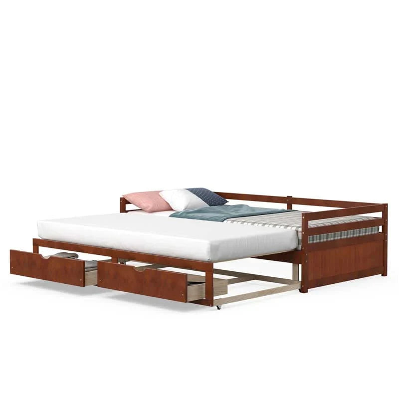 2026 Extendable Twin to King Daybed with Trundle & 2 Storage Drawers, Dual-use Modern Sofa Bed with Roll Out Bed Frame