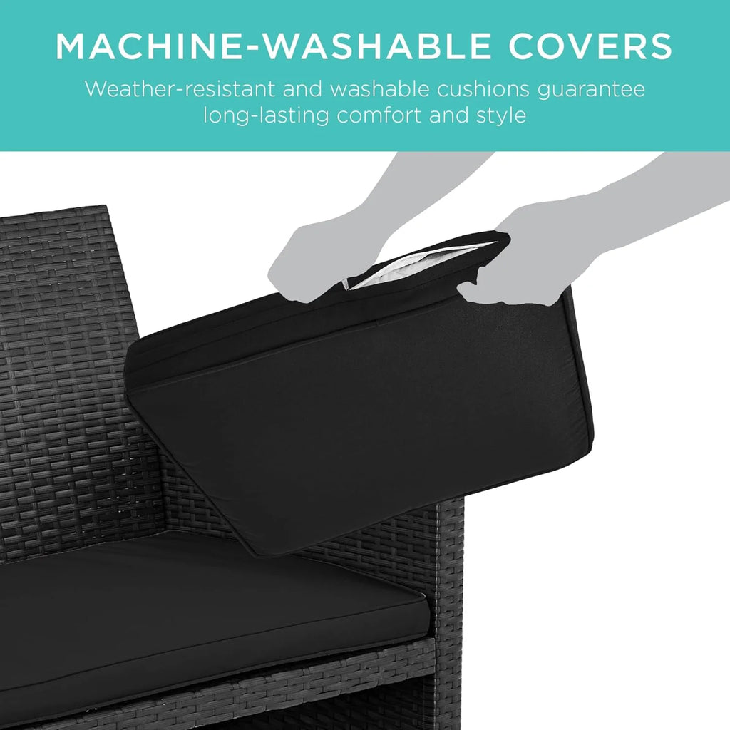 2026 4-Piece Outdoor Wicker Patio Conversation Furniture Set for Backyard w/Coffee Table, Seat Cushions - Black/Black