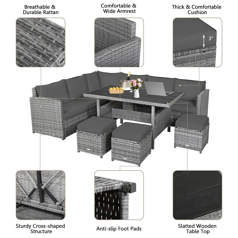 2026 7 PCS Resin Wicker Outdoor Sectional Sofa Set Rattan Patio Seating Group with Dining Table, Ottomans & Cushions