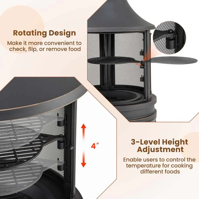 2026 30" 2-in-1 Metal Chiminea Fire Pit with Adjustable Grill & Chimney, Outdoor Wood Burning Chiminea Fireplace with Spark Screen for Patio Backyard BBQ