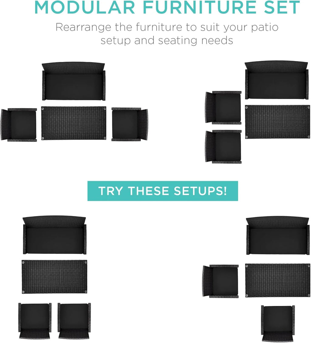 2026 4-Piece Outdoor Wicker Patio Conversation Furniture Set for Backyard w/Coffee Table, Seat Cushions - Black/Black