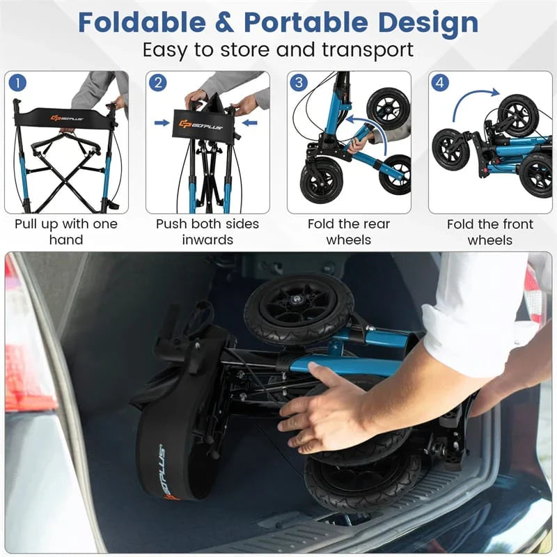 2026 2-in-1 Folding Rolling Rollator Walker with Seat, 9" All-Terrain Pneumatic Tires & Height Adjustment, Aluminum Mobility Walking Aid for Seniors