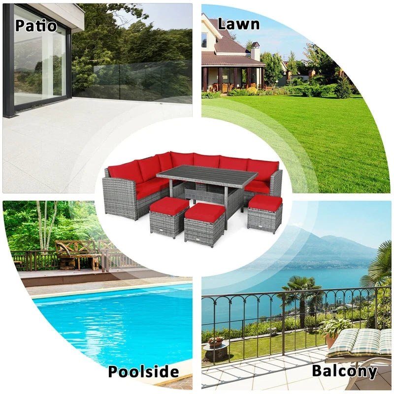 2026 7 PCS Resin Wicker Outdoor Sectional Sofa Set Rattan Patio Seating Group with Dining Table, Ottomans & Cushions