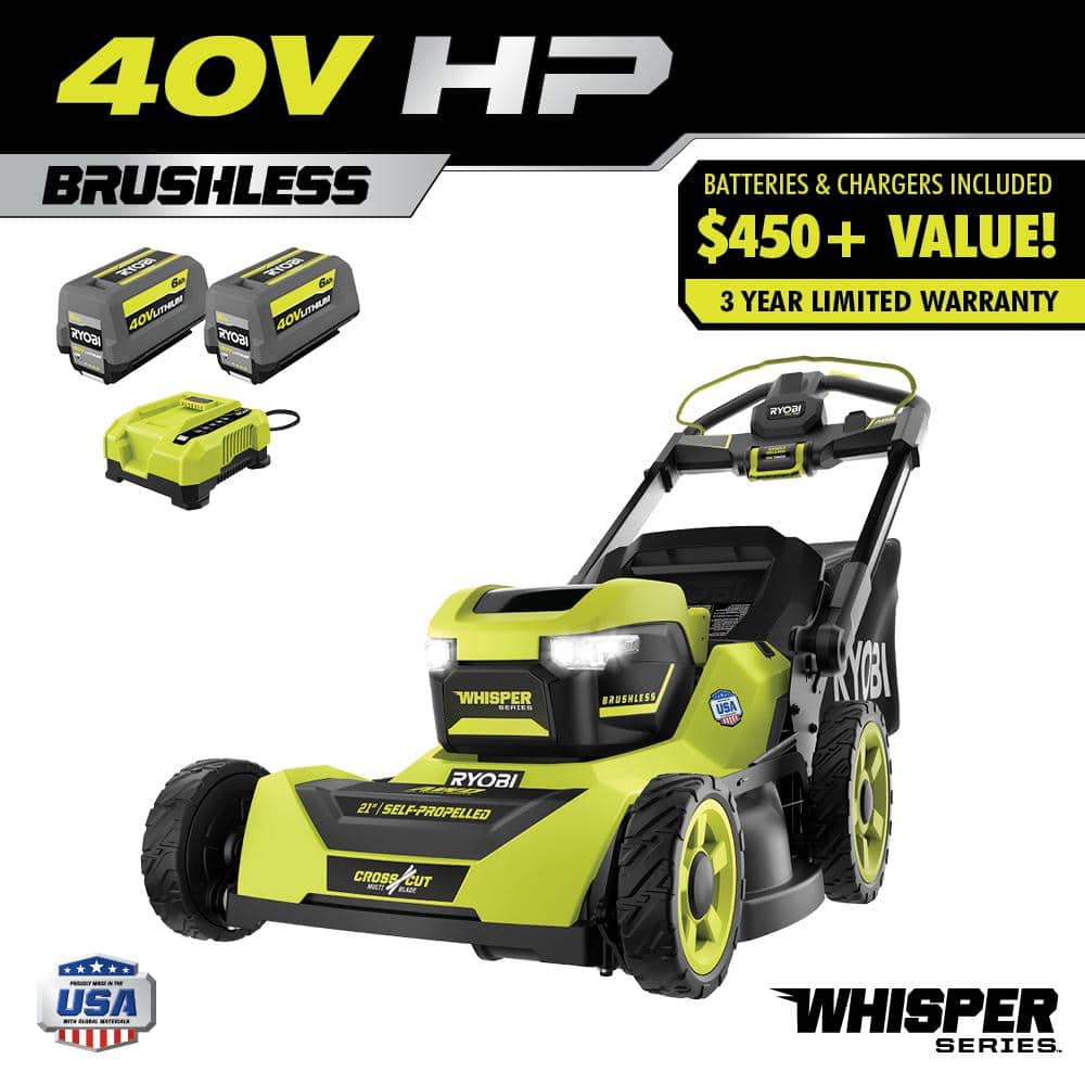 2026 40V Brushless 21-in Self-Propelled AWD Lawn Mower Whisper Series Includes (2) 6.0Ah Batteries and Charger