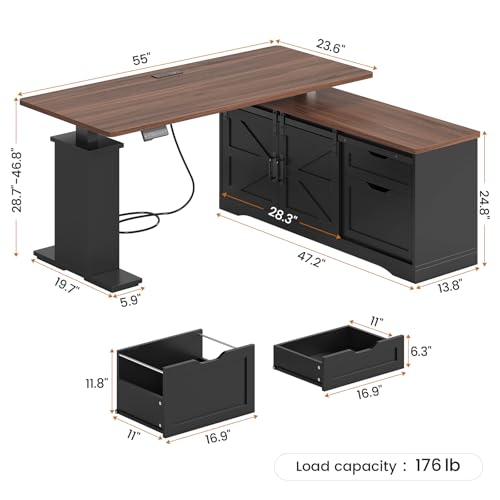 2026 SEDETA Farmhouse L Shaped Standing Desk, 55 inch Height Adjustable Corner Desk with Storage Drawers, Standing Computer Desks with Power Outlets for Home Office, Black