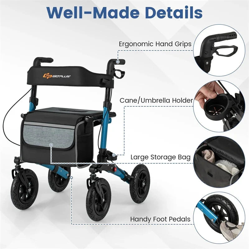 2026 2-in-1 Folding Rolling Rollator Walker with Seat, 9" All-Terrain Pneumatic Tires & Height Adjustment, Aluminum Mobility Walking Aid for Seniors