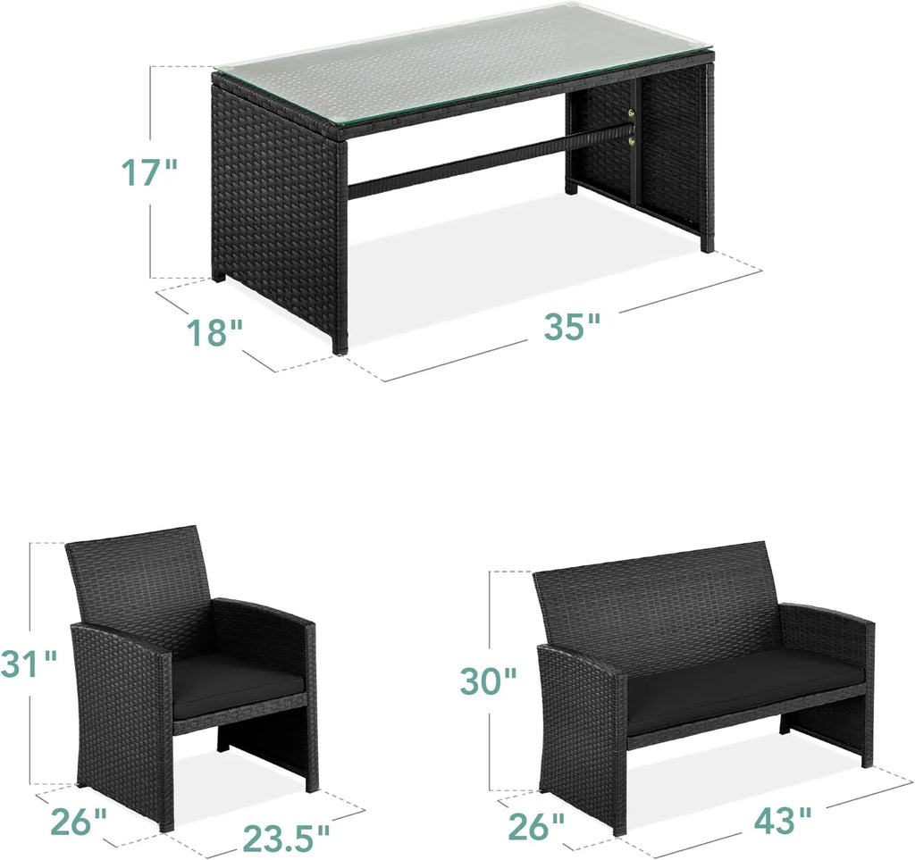2026 4-Piece Outdoor Wicker Patio Conversation Furniture Set for Backyard w/Coffee Table, Seat Cushions - Black/Black