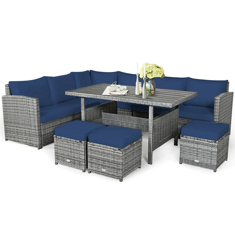 2026 7 PCS Resin Wicker Outdoor Sectional Sofa Set Rattan Patio Seating Group with Dining Table, Ottomans & Cushions