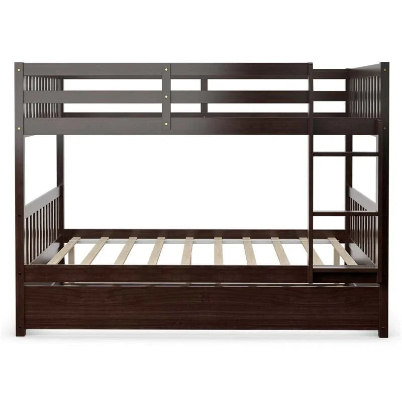 2026 Solid Wood Full Over Full Bunk Bed Frame with Trundle, Safety Ladder & Guardrails, Convertible Bunk Bed for Kids Teens
