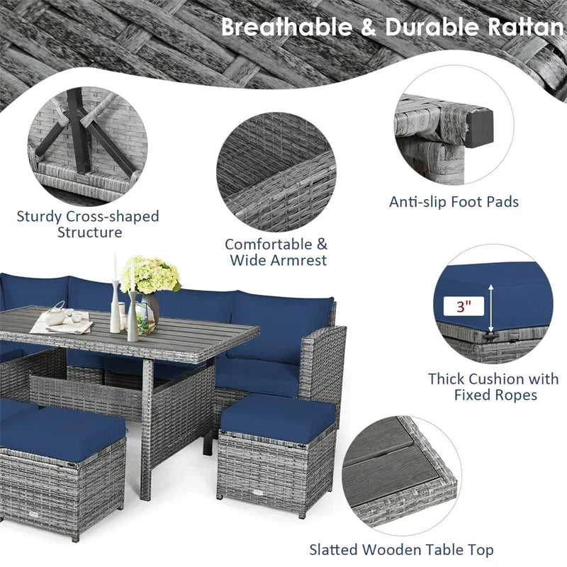 2026 7 PCS Resin Wicker Outdoor Sectional Sofa Set Rattan Patio Seating Group with Dining Table, Ottomans & Cushions