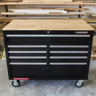 2026 NewMobile workbench with 9 drawers, hardwood top and power connection, 117 cm W x 62 cm D – high-gloss black