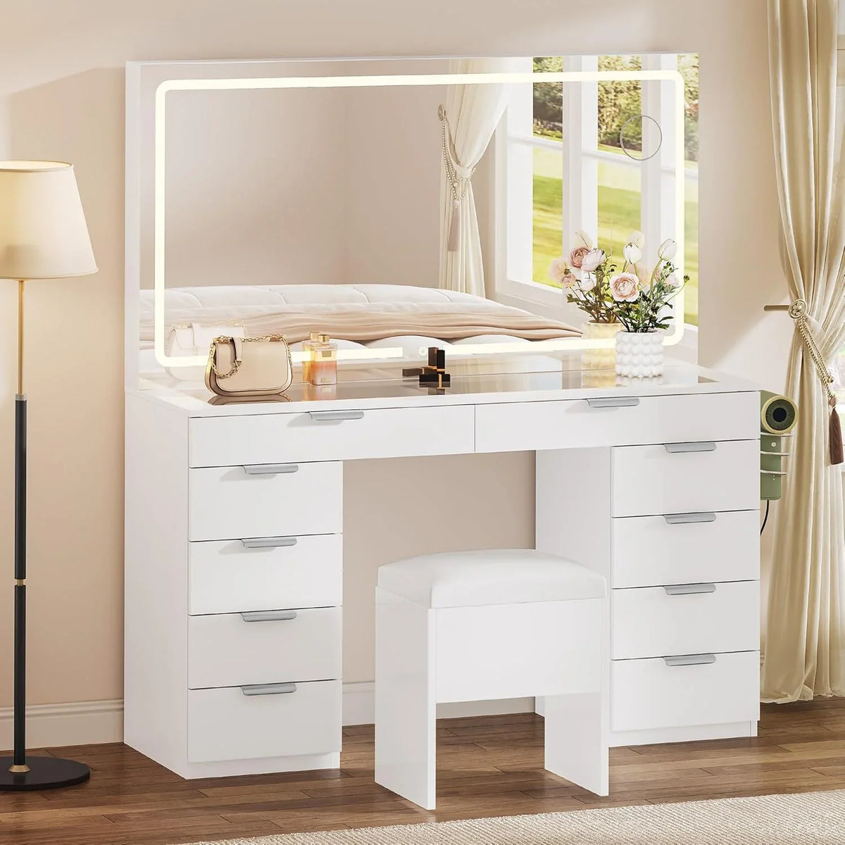 2026 Vanity Set with LED Mirror, 10 Drawers, Stool Included