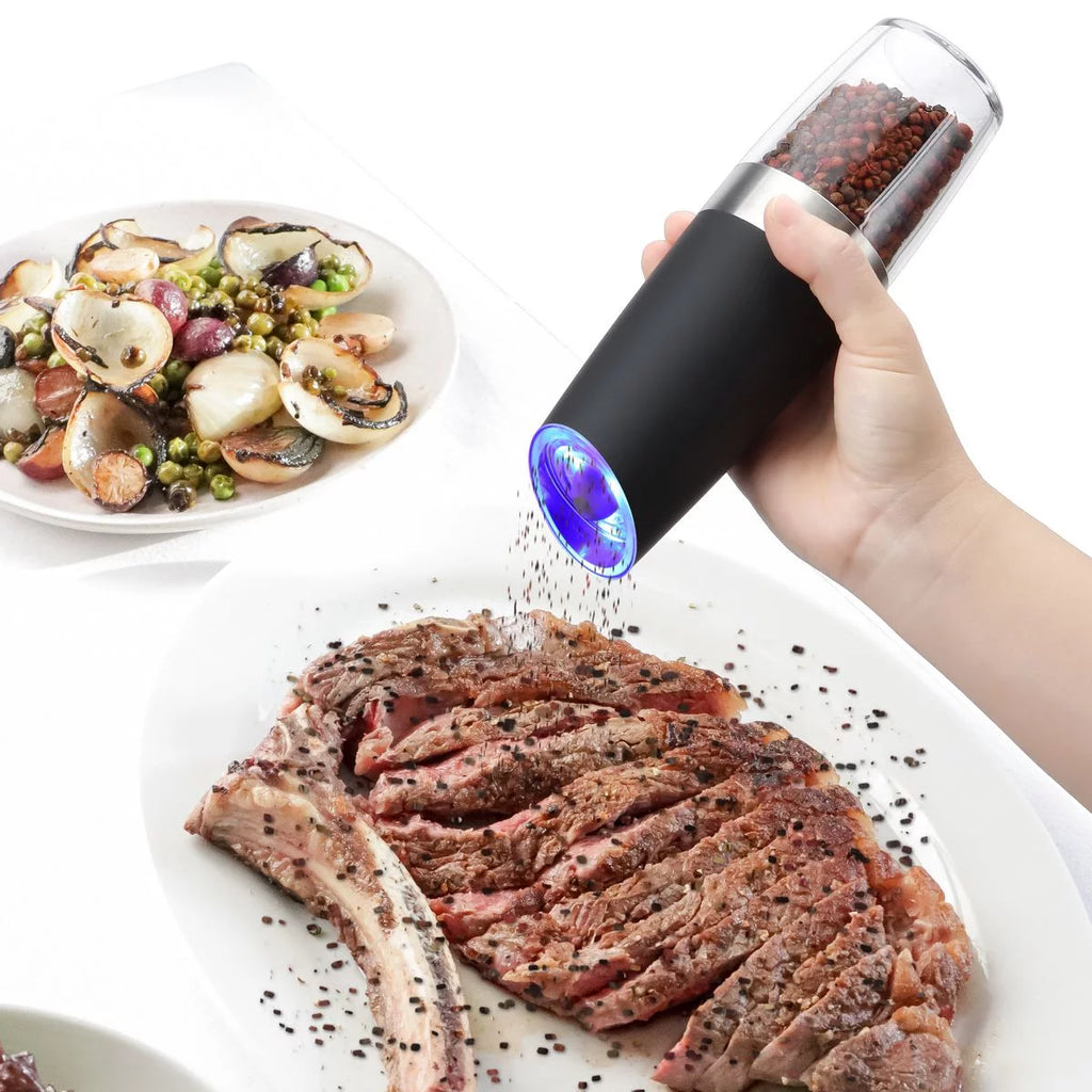 2026 Deago 2 Pack Electric Gravity Salt and Pepper Grinder Set with Adjustable Coarseness Automatic Pepper and Salt Mill Grinder Battery Powered with LED Light