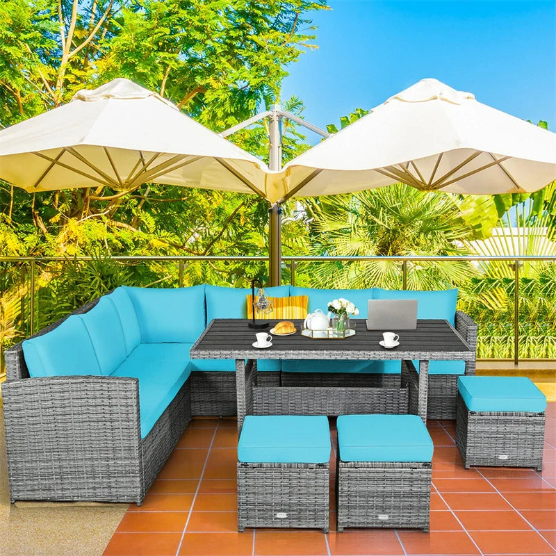 2026 7 PCS Resin Wicker Outdoor Sectional Sofa Set Rattan Patio Seating Group with Dining Table, Ottomans & Cushions