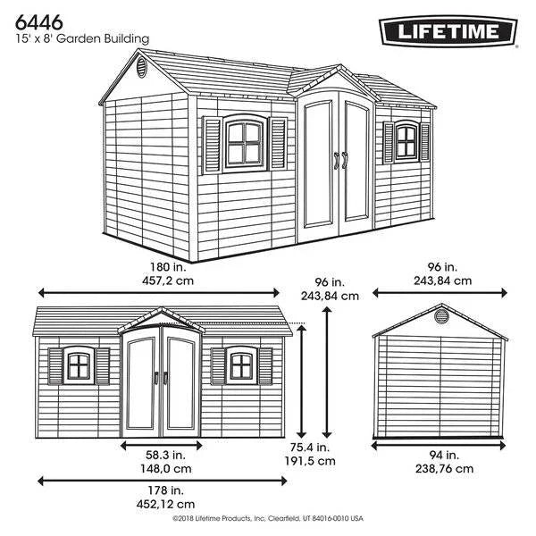 2026 New2025 Side entrance, 4.57 m W x 2.44 m D, plastic tool shed