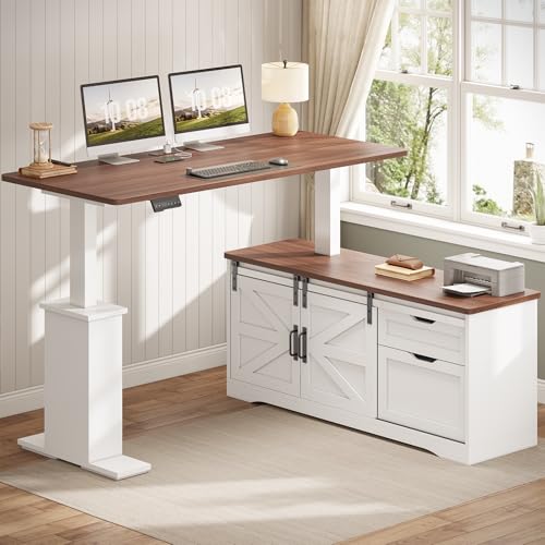 2026 SEDETA Farmhouse L Shaped Standing Desk, 55 inch Height Adjustable Corner Desk with Storage Drawers, Standing Computer Desks with Power Outlets for Home Office, Black