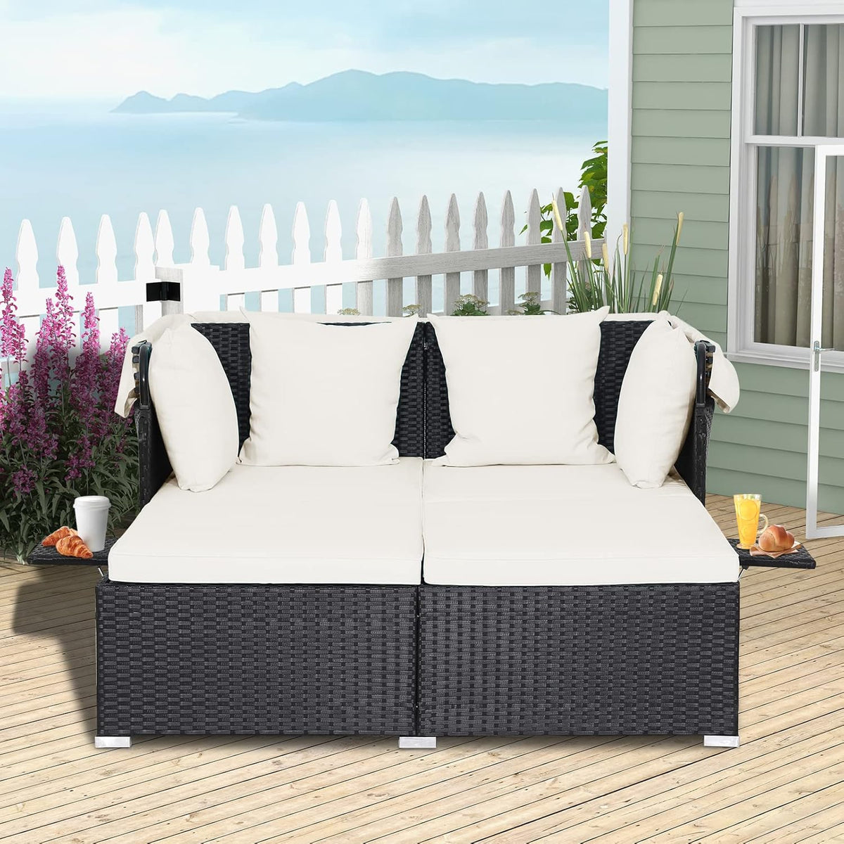 2026 Patio Outdoor Daybed with Canopy, Wicker Sunbed w/Cushions, 4 Pillows & 2 Retractable Side Trays, 2-Person Lounge Bed Conversation for Poolside Porch Garden, Rattan Outdoor Bed (Turquoise)