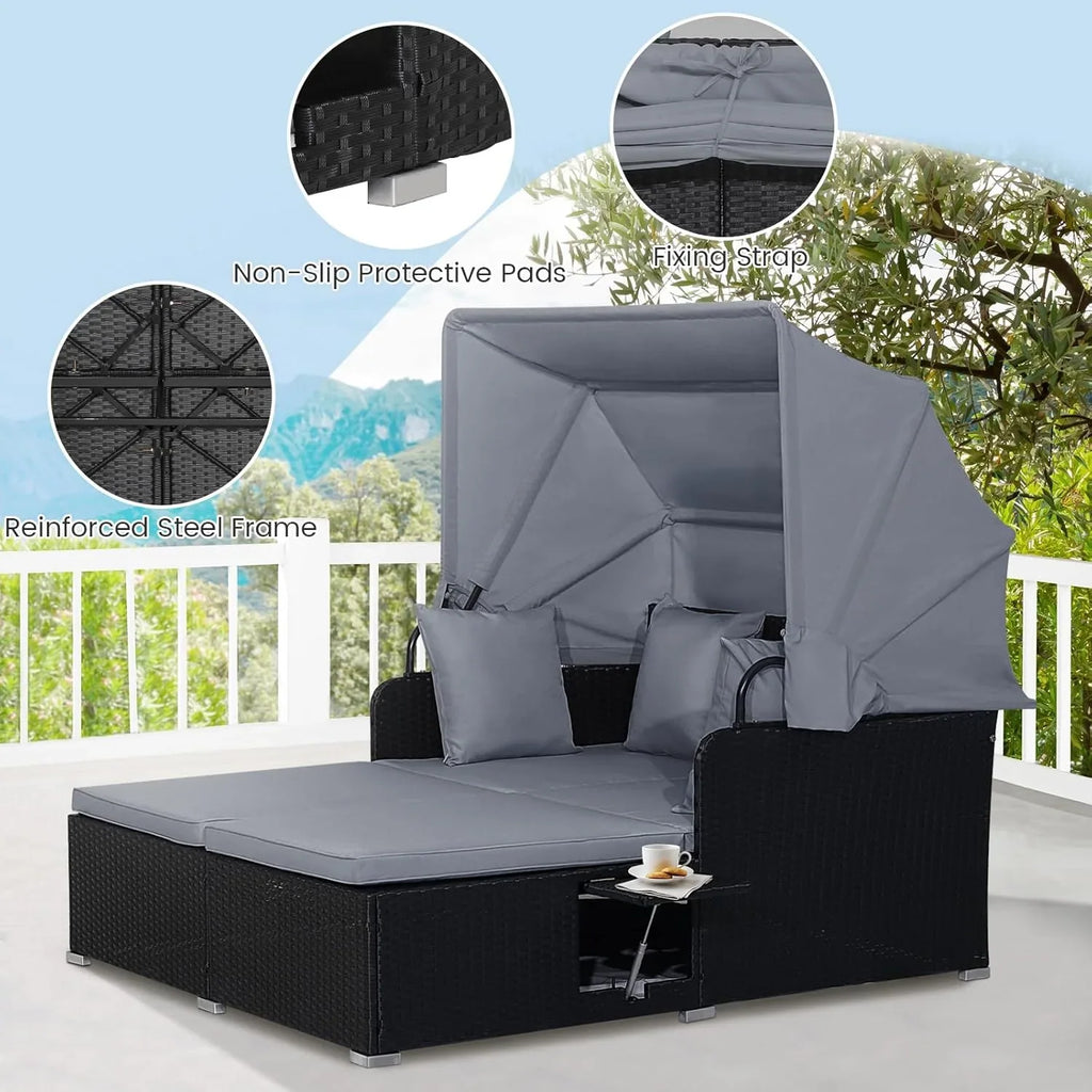 2026 Patio Outdoor Daybed with Canopy, Wicker Sunbed w/Cushions, 4 Pillows & 2 Retractable Side Trays, 2-Person Lounge Bed Conversation for Poolside Porch Garden, Rattan Outdoor Bed (Turquoise)