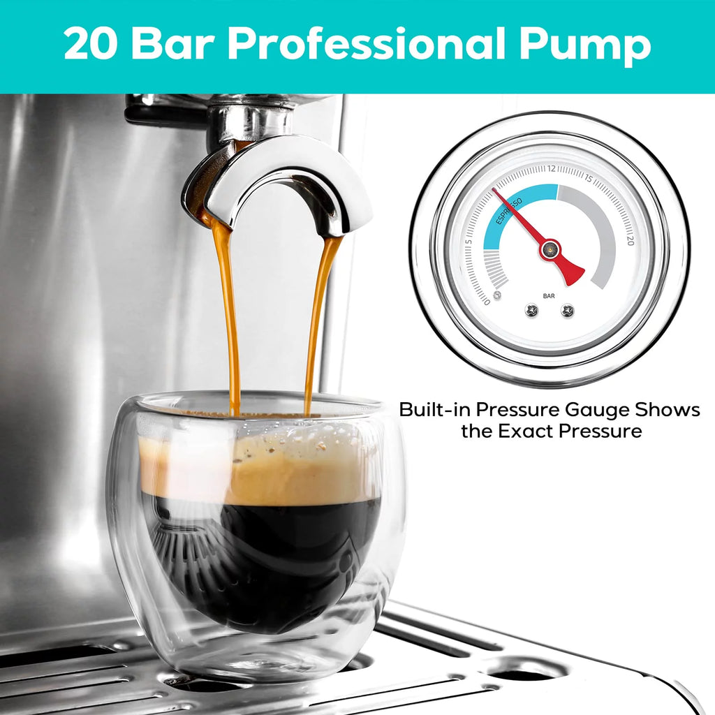 2026 Casabrews 20 Bar Espresso Machine with Milk Frother Steam Wand, Cappuccino Machine with Grinder, Silver