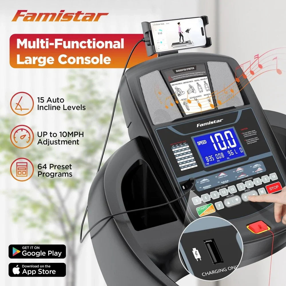 2026 NewFamistar Folding Treadmill for Home with 15 Levels Auto Incline, 300LB Capcity, 10MPH Fast Speed Controls