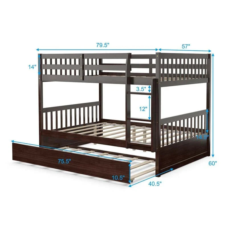 2026 Solid Wood Full Over Full Bunk Bed Frame with Trundle, Safety Ladder & Guardrails, Convertible Bunk Bed for Kids Teens