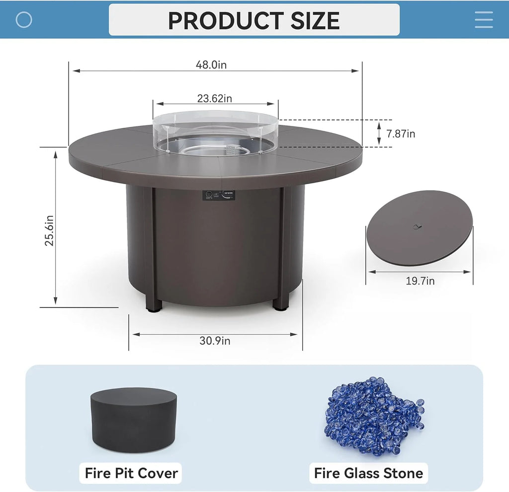 2026 48" Round Propane Fire Pit Table,55000 BTU Auto-Ignitiongas Gas Fire Table with Fire Glass and Lid,Waterproof Cover and Pumice Stone for Patio,Balcony,Garden