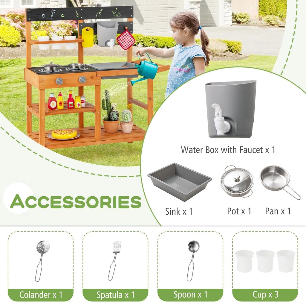 2026 NewOLAKIDS Mud Kitchen, Outdoor Play Kitchen with Wheels 3 Cups Removable Sink Cooking Accessories Wooden Kids Kitchen Playset Backyard Garden Toys Gift for Boys Girls Ages 3+