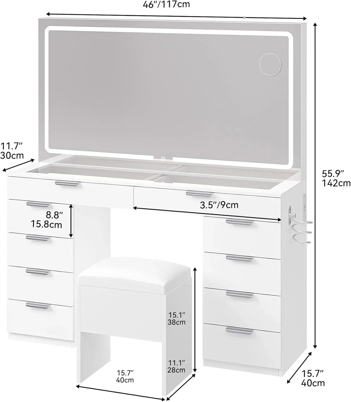 2026 Vanity Set with LED Mirror, 10 Drawers, Stool Included