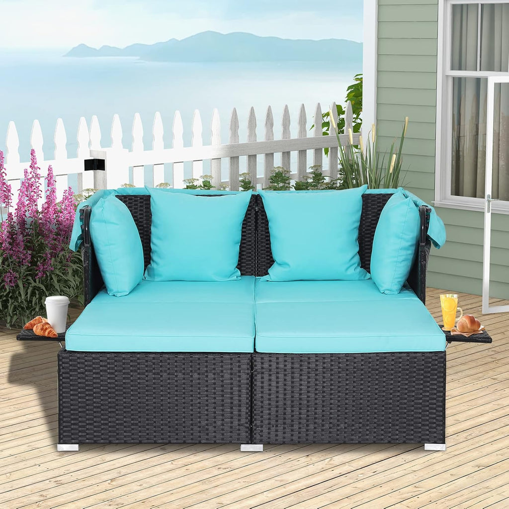 2026 Patio Outdoor Daybed with Canopy, Wicker Sunbed w/Cushions, 4 Pillows & 2 Retractable Side Trays, 2-Person Lounge Bed Conversation for Poolside Porch Garden, Rattan Outdoor Bed (Turquoise)