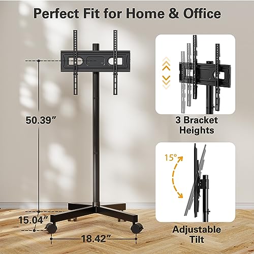2026 Perlegear Rolling TV Stand for 23-60 Inch LCD LED OLED 4K Smart TVs Holds up to 88lbs, Mobile TV Stand with Height Adjustable, Tilting TV Cart with Locking Wheels Max VESA 400x400mm, PGTVMC16