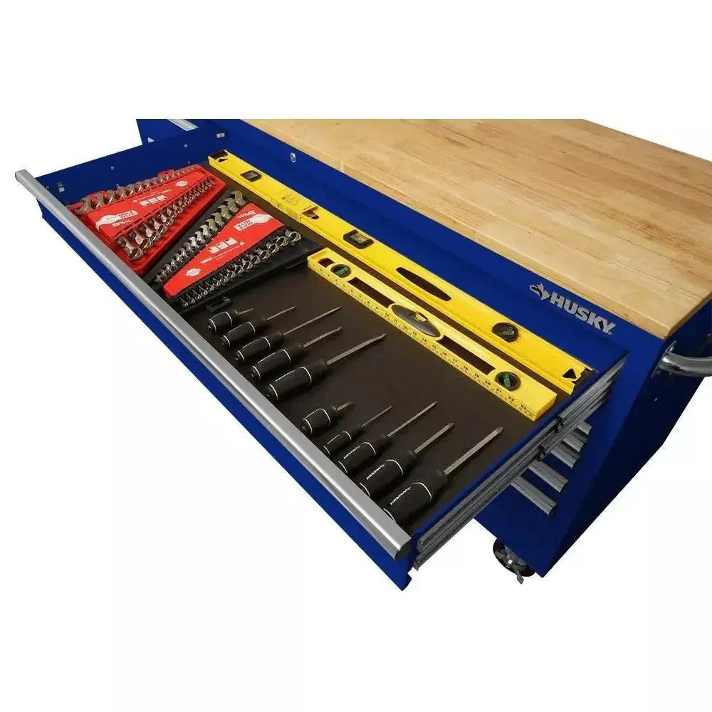 2026 72 in. 18-Drawer Mobile Workbench with Solid Wood Top in Gloss Blue