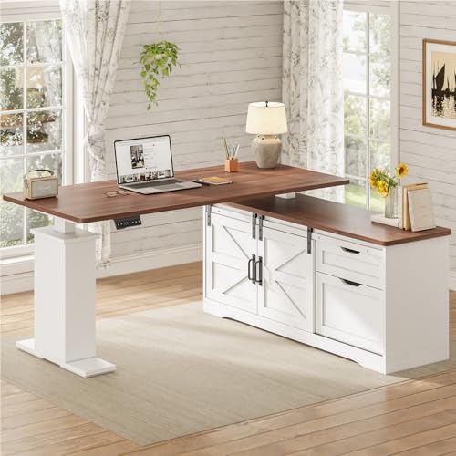2026 SEDETA Farmhouse L Shaped Standing Desk, 55 inch Height Adjustable Corner Desk with Storage Drawers, Standing Computer Desks with Power Outlets for Home Office, Black