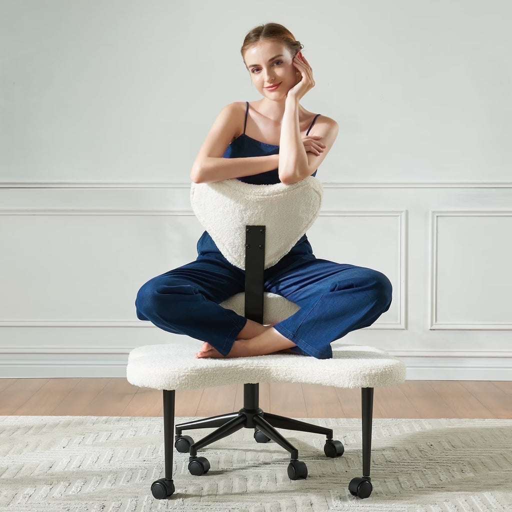 2026 NewPinmoco Ergonomic Cross Legged Swivel Chair, Adjustable Height and Teddy Fabric, Meditation& ADHD Chair with Back Support, Home and Office, Off White