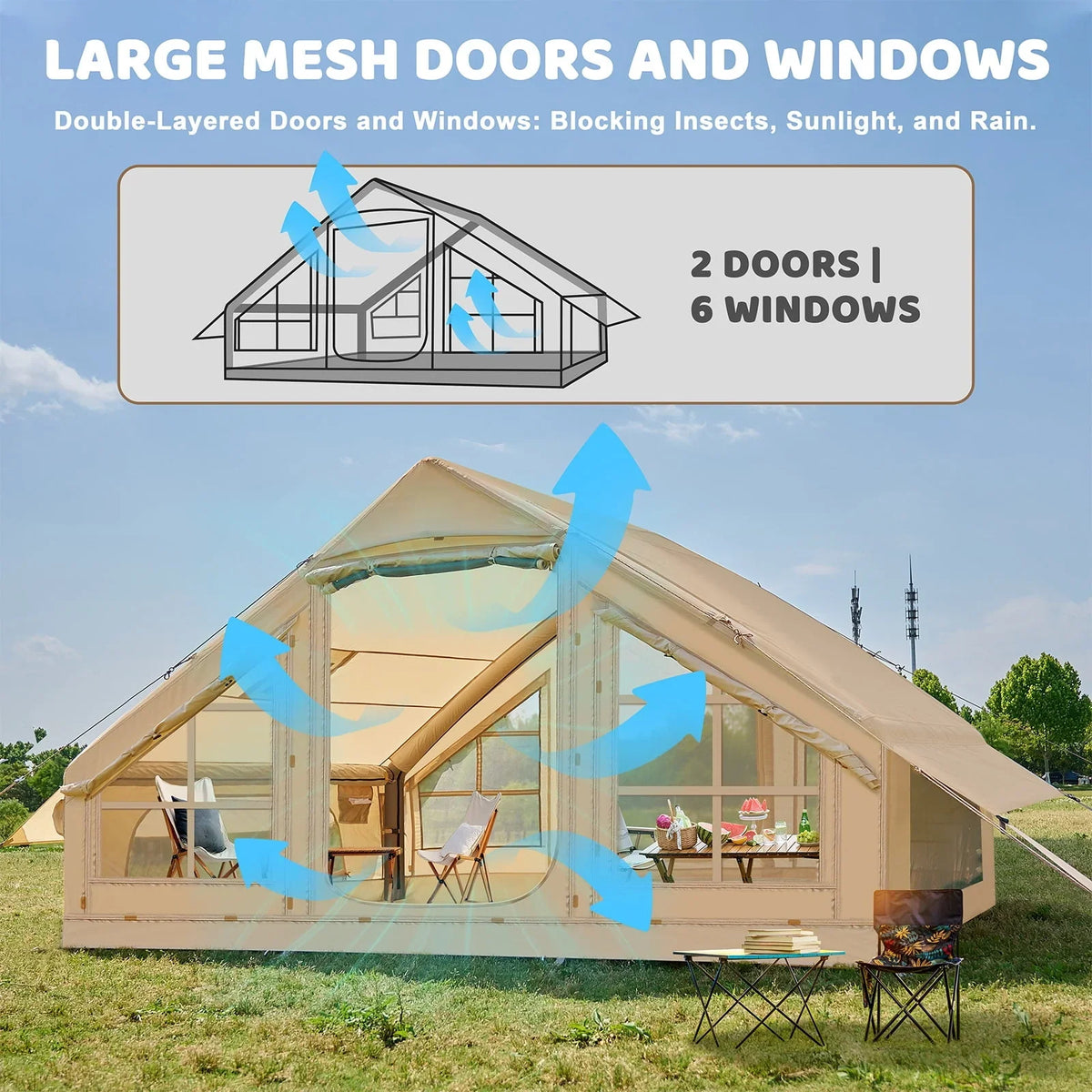 2026 6 Person Inflatable Camping Tent with Pump, 10ft x7ft Glamping Family Tent Easy Setup 4 Season Waterproof Windproof Outdoor Blow Up Tent Luxury Oxford Cabin with Mesh Windows & Doors