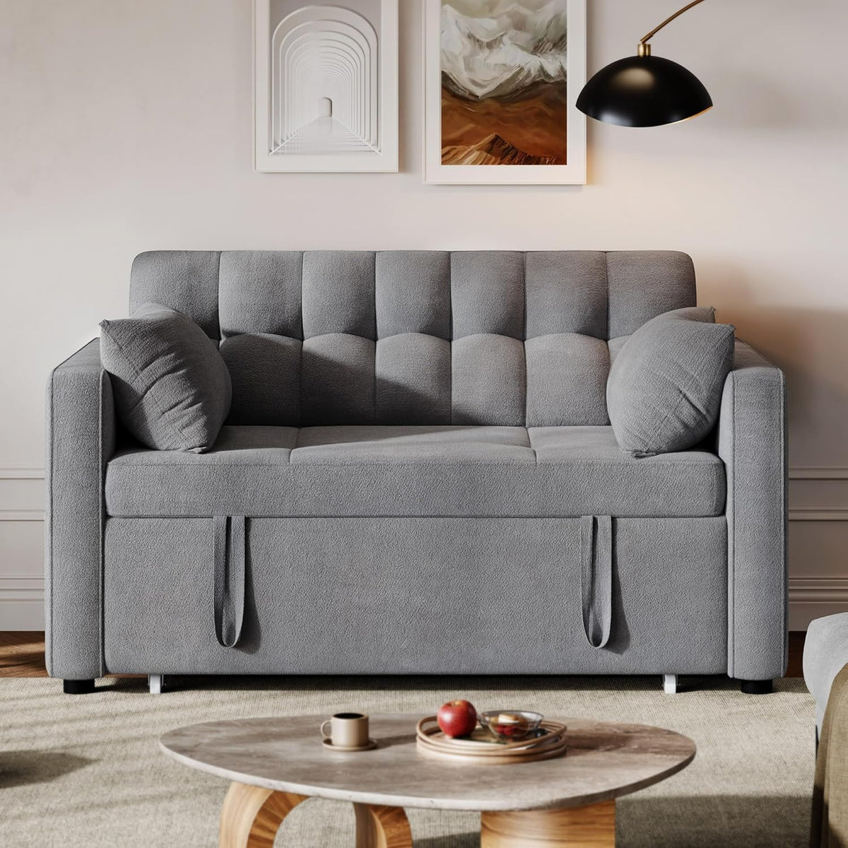 2026 3-in-1 Convertible Sofa Bed, 55" Sleeper Sofa with Pull-Out Bed, Cat-Scratch-Proof Fabric Futon Couch with Adjustable Backrest and Side Pocket, Loveseat for Living Room Apartment, Grey