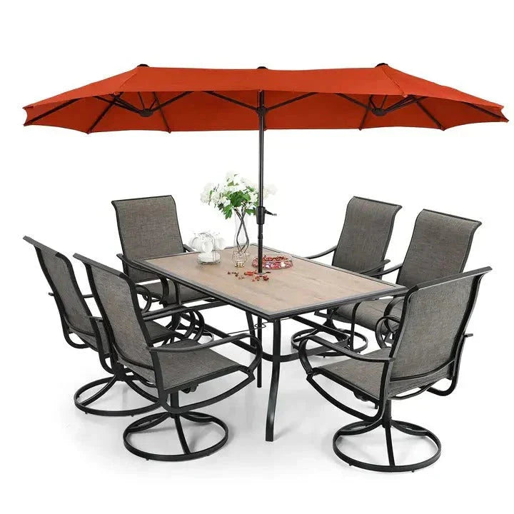 2026 New8-piece patio dining set with parasol, garden furniture set with 6 swivel dining chairs with mesh covers