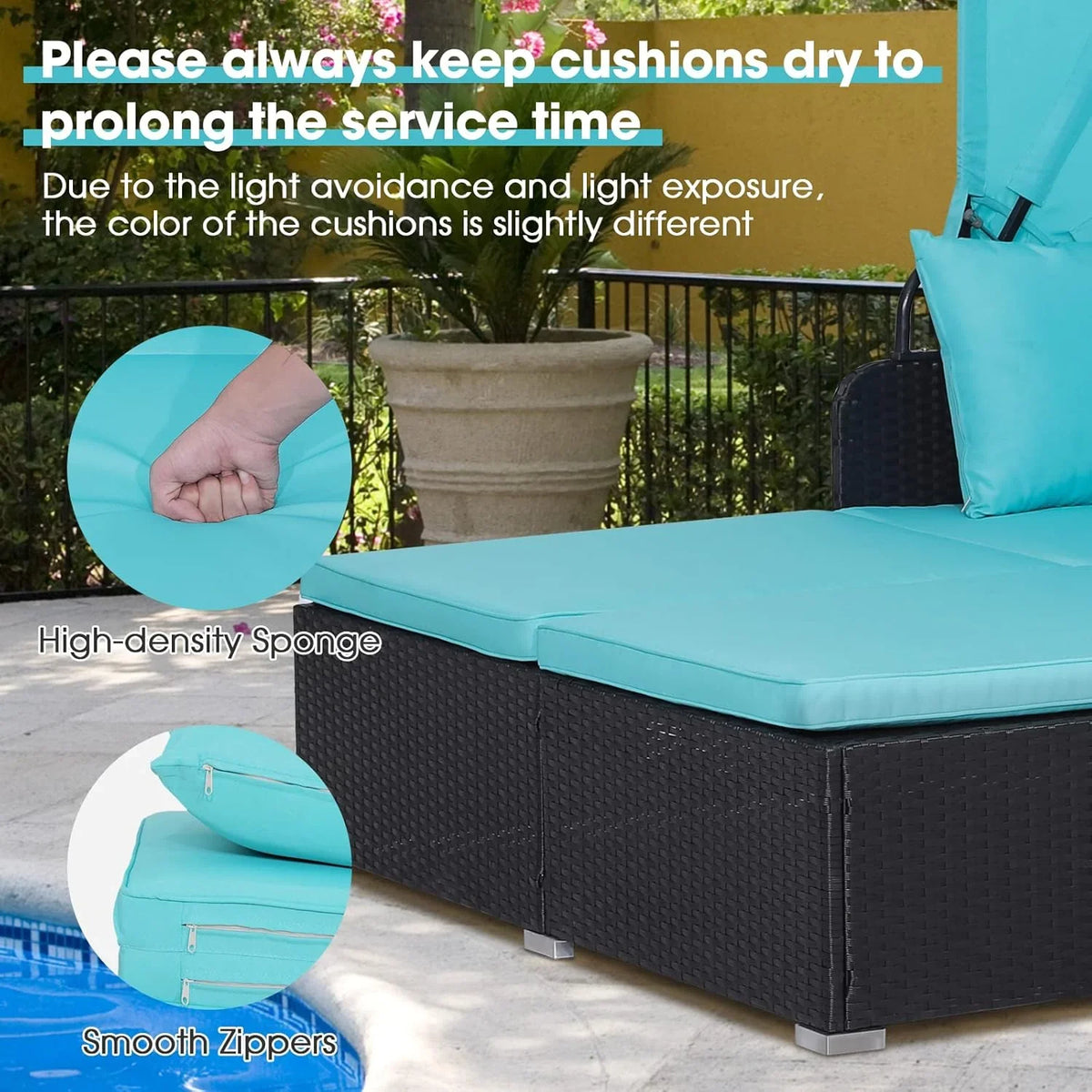 2026 Patio Outdoor Daybed with Canopy, Wicker Sunbed w/Cushions, 4 Pillows & 2 Retractable Side Trays, 2-Person Lounge Bed Conversation for Poolside Porch Garden, Rattan Outdoor Bed (Turquoise)
