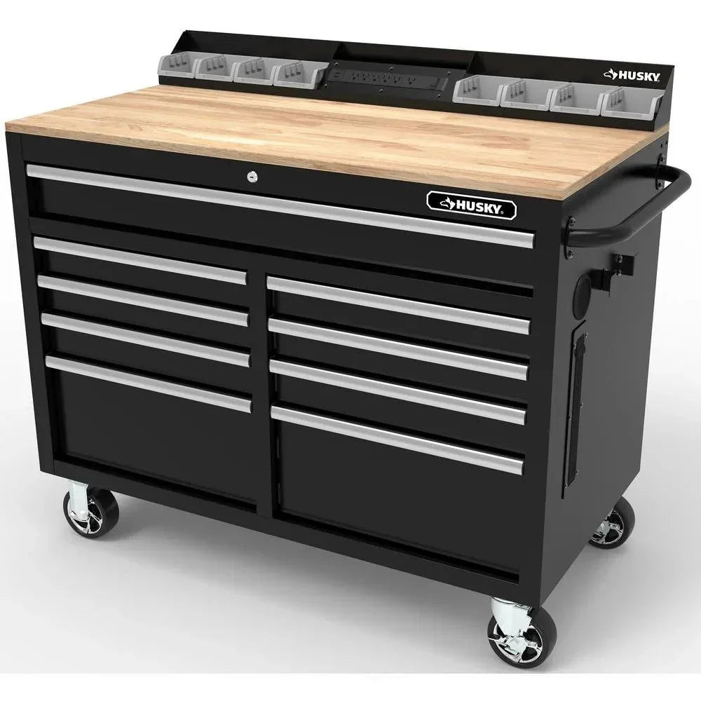 2026 NewMobile workbench with 9 drawers, hardwood top and power connection, 117 cm W x 62 cm D – high-gloss black
